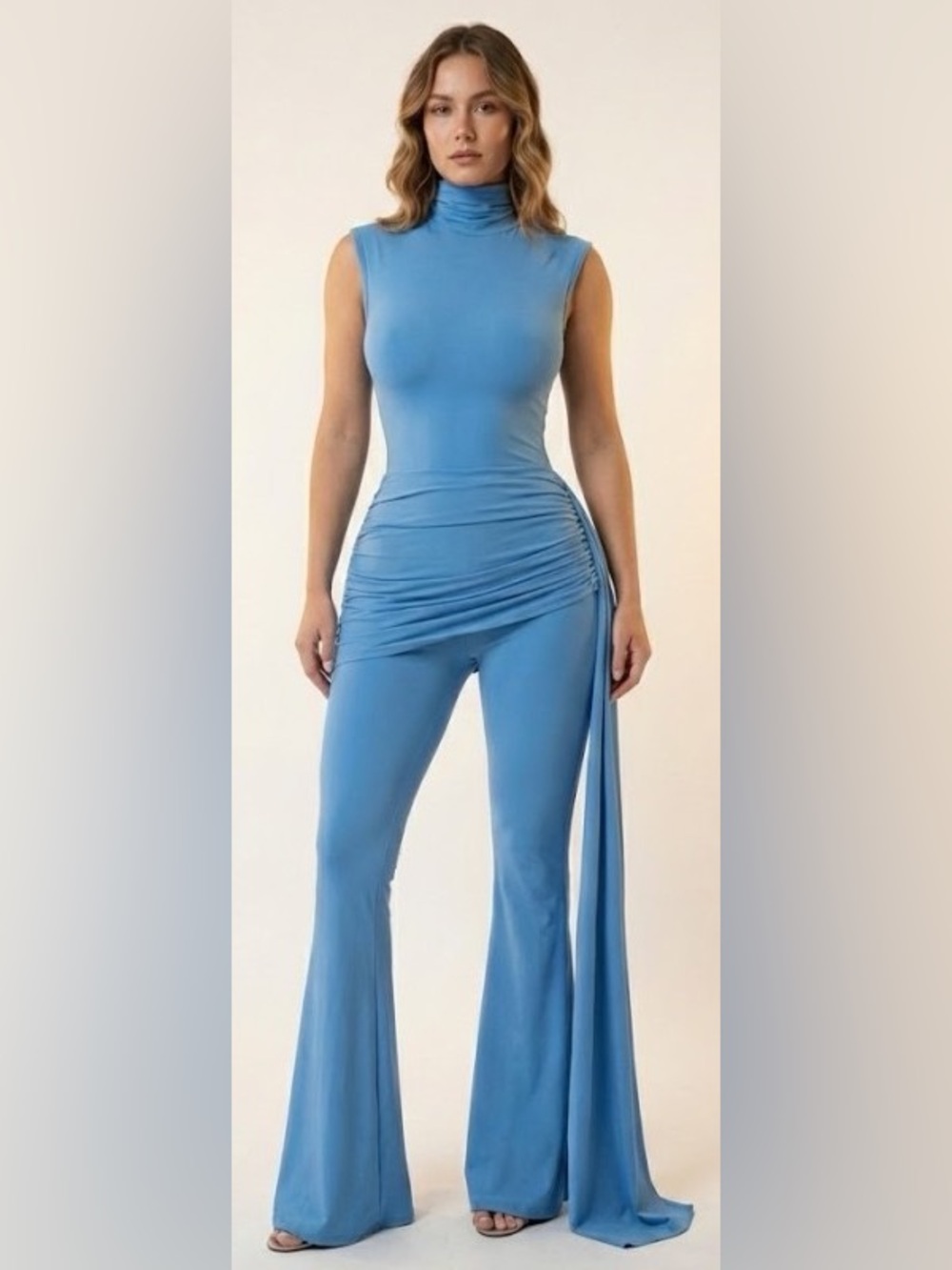 BLUE High-Neck Jumpsuit with Side Drape